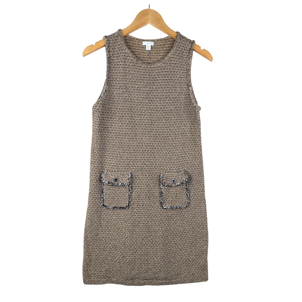 J Jill‎ Women's Sleeveless Tweed Shift Dress Brown Black 2 Front Pockets sz SP